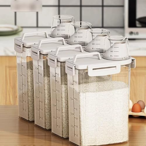 Yagosodee 4 Pack 2.5L Rice Containers Airtight,Cereal Storage Dispenser with Measuring Cup,Clear Plastic Flour Food Containers for Pantry Organisation & Kitchen Cupboard,Snap Lock Lids for Dry Grains