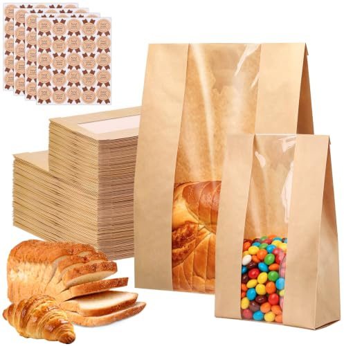 100 Pcs Bread Bags for Homemade Bread Paper Food Bag with Stickers, 2 Sizes | 13.78 x 8.27 x 3.35 & 9.06 x 4.72 x 1.97 Bakery Bags with Window Cookie Packaging for Storage Homemadebread Donuts Snacks