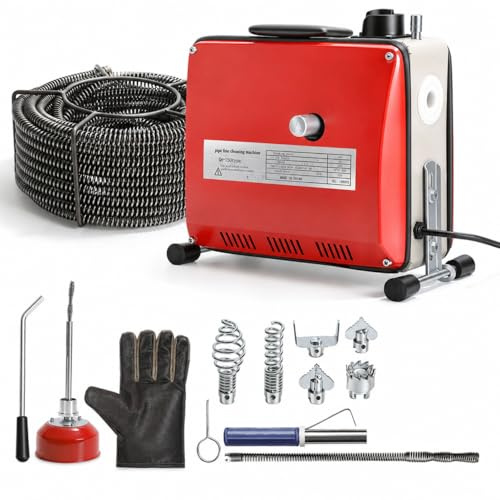Hebitod Elektrische Rohrreinigungsmaschine 500W mit 6 Schneidköpfen, Rohrreinigungsspirale 25 m, Ø10 mm & Ø16 mm Manganstahl-Spiralen, Abflussreiniger für Waschbecken, Dusche, Küche und Bodenablauf