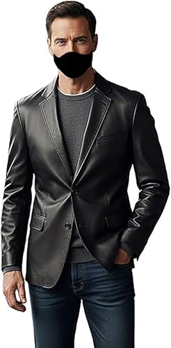 Mode hyped män svart läder blazer kappa – smal passform 2 knappar vardaglig affärsjacka, Svart – äkta läder, 4XL