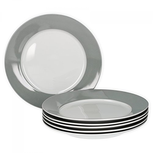 van Well Vario Frühstücksteller-Set 6-teilig - Teller-Service für 6 Personen - Kuchen-Teller mit Ø 20cm - Porzellan-Set weiß mit Rand in Grau - Dessert-Teller-Set mikrowellengeeignet