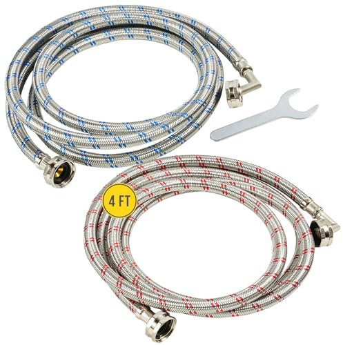 Washing Machine Hoses (4FT) - 90° Elbow - OCTAGON Connections for Secure Tightening - Universal Fit to All Wash Machines - (2 Pack) Braided Stainless Steel - Burst Proof Washer Water Supply Line