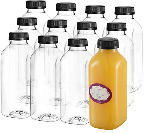 DilaBee 16 Oz Empty Plastic Juice Bottles with Lids – 12 Pack Small Square Drink Containers - Great for Storing Homemade Juices, Water, Smoothies, Tea and Other Beverages - Food Grade BPA Free