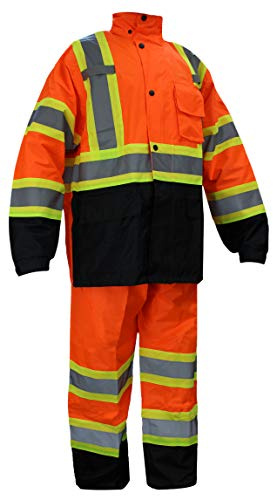 New York Hi-Viz Workwear RK Safety RW-CLA3-TOR77 Class 3 Rain suit, Jacket, Pants High Visibility Reflective Black Bottom with X pattern (Large)