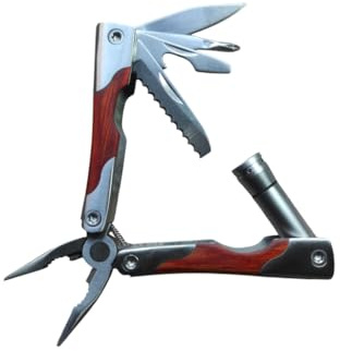 COLTELLINO PINZA ESCURSIONE CAMPEGGIO HOBBISTICA MULTIUSO METALLO E LUCE LED LEGNO ACCIAIO