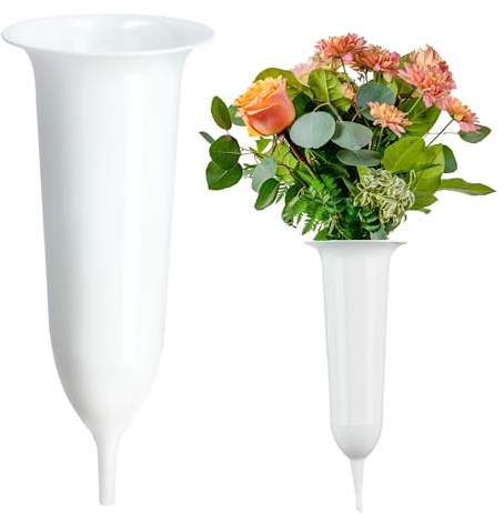 KADAX Grabvase, Vase aus Kunststoff, Blumenvase, Kunststoff-Vase für Blumen, wetterfeste Friedhofsvase, frostsicher Steckvase für Grab, witterungsbeständiger Grabschmuck (10cm, mit Erdspieß, weiß)