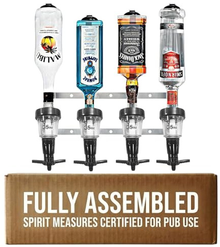 Chabrias Ltd 4 Bottle Wall Bar Rail + 35ml Spirit Optics – UK-Made Government-Stamped Measures, All-Metal Fully Assembled Bracket, Fits 70cl–1.5L Bottles
