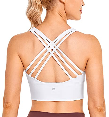 CRZ YOGA Strappy Longline Sport BH för kvinnor - Trådlös vadderad Criss Cross Yoga BH beskurna Tank Tops Vit M