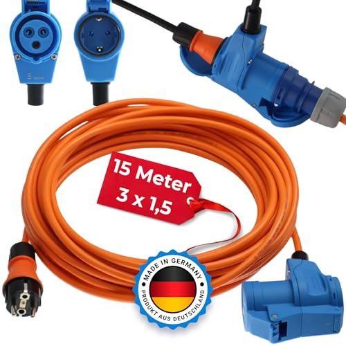 Camping Adapter 15m Mit CEE Winkelkupplung Und Integrierter Schuko Steckdose H07BQ-F Kabel 3x1,5 Verlängerungskabel Strom Kabel Wohnmobil Wohnwagen Caravan Landstromanschluss