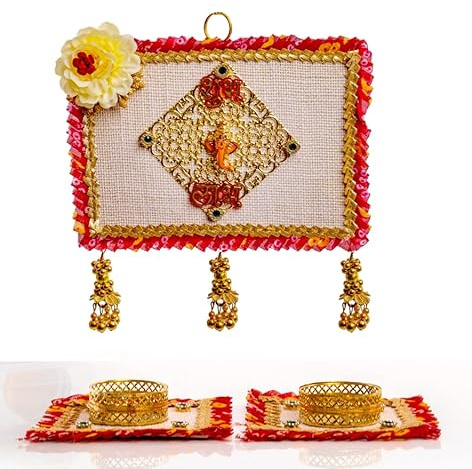 Shubh Labh à suspendre avec lot de 2 photophores pour porte murale, maison, temple, festival, mariage, décoration traditionnelle indienne, cadeau