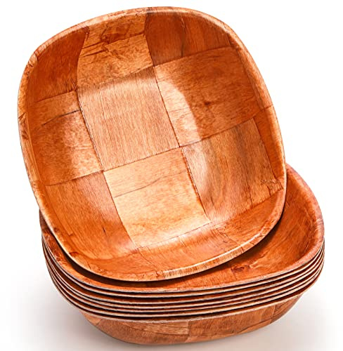 Elsjoy 8 Pack Wooden Woven Salad Bowl, Reusable Square Fruit Serving Bowls, Stackable Snack Bowls for Salad, Fruits, Snacks
