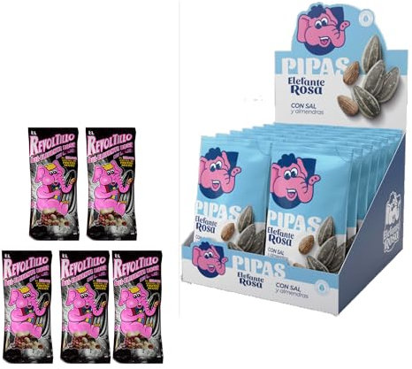 Pack Especial 19 Bolsas El Elefante Rosa – 14 Bolsas de Pipas 120 g + 5 de Revoltillo 40 g – Coctel de Frutos Secos de Regalo con Almendras Tostadas – Aperitivo Crujiente de Girasol y Frutos Secos