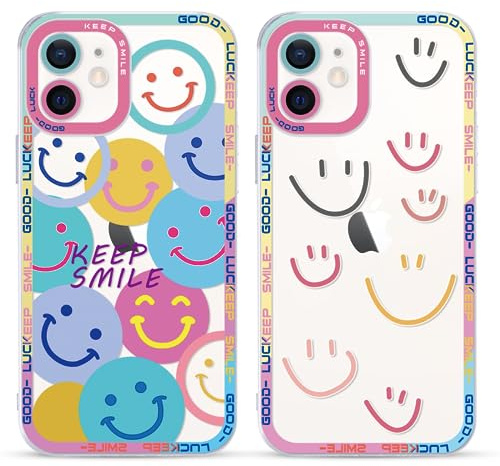 Yoedge 2 Stück Happy Smiley Face HandyHülle für Apple iPhone 12 Mini Hülle 5,4, Transparent Smile Gesicht Niedliches Muster Design Aesthetic Case Schutzhülle für iPhone 12 Mini Mädchen Frauen Cover