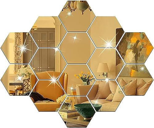 12PCS Spiegel Wandaufkleber DIY Dekoration, Sechseckige große Gold Acryl Kunststoff Spiegel Fliese Wohnzimmer Bad Schlafzimmer Haus Kunst Dekoration Zubehör
