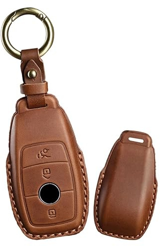 ontto Étui de clé de voiture en cuir - Convient pour Mercedes Benz E C S GLC Classe E200 E400 E63 W213 S550 S560 C260 A200 AMG - 3 boutons - Marron