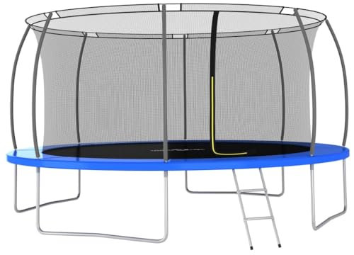 'vidaXL Trampoline Set - 460cm Outdoor Bouncer, Rust-Resistant Galvanised Steel Frame, Safety Net, Ladder, Rain Cover - Blue/Grey/Black