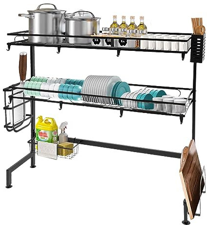 Escurreplatos de acero al carbono de 3 niveles con 8 ganchos, color negro con estantes, organizador de cocina, escurreplatos con cestas y soporte para tablas de cortar (82 cm)