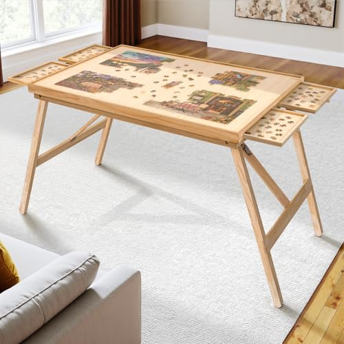TEAKMAMA 70 cm H lång 1 500 bitar pusselbord med ben, 4 lådor, 87 cm B x 67 cm D Stor trä fällbar pusselbräda med skydd för vuxna, natur