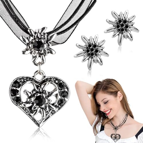 QOWUXHZ 3 Pcs Set De Bijoux Fantaisie Bijoux De Bavarois Collier Strass Avec Pendentif Cœur Boucles D'Oreilles Pour Fête De Bière Traditionnelle Noir