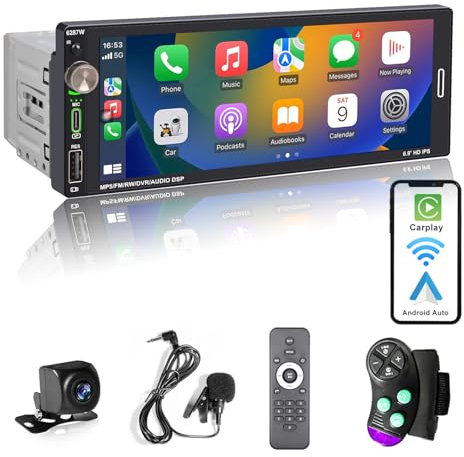 Alondy Autoradio 1Din mit 6.9 Zoll Bildschirm, Kompatibel mit [Wireless] Apple CarPlay/Android Auto Bluetooth Typ-C USB 2,1A Schnellladung Rückfahrkamera AM/FM/RDS Radio