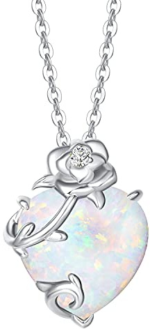 FANCIME October Birthstone Necklace for Women, Sterling Silver Heart Rose Opal Pendant Necklace Jewellery, Anniversary Valentine's Day Mother's Day Christmas Birthday Gift for Her Wife Mum