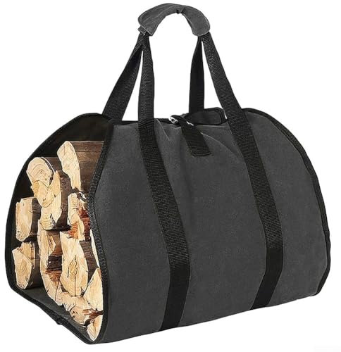Heavy Duty Canvas Firewood Carrier Bag Waxed Waterproof Log Tote with Axe Holder Strap for Indoor Fireplace Outdoor Camping(black)