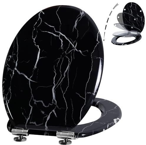 Angel Shield Toilet Seat Molded Wood Toilet Seat, Quiet Close with Quick Release Adjustable Hinges 45x37cm Oval, Fits EU Bottom-Mount Toilets (Black Marble)