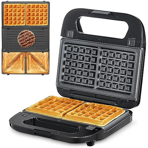 Croque Monsieur 3 en 1 [Grill, Gaufrier, Appareil à Croque-Monsieur], Plaques Amovibles Antiadhésives, 750W, Voyants LED, Sans BPA, Noir