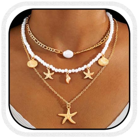 Reaky Lot de 3 colliers de perles dorées en forme d'étoile de mer - Accessoires de plage pour femmes et filles, taille unique, Perle, /