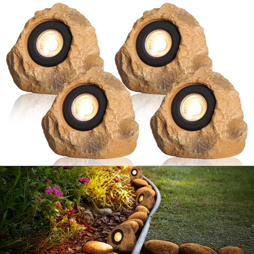 LEONLITE 5CCT LED Rock Lights Outdoor, 5W Low Voltage Landscape Spot Light for Garden, Yard, Decorative Stone Light, 12-24V AC/DC, CRI90, 200lm, IP65 Waterproof, Triangle, Yellow, Pack of 4