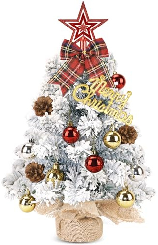 Zavothy Arbol de Navidad Pequeño 60cm Nevado Mini Christmas Tree con Decoracion Adornos Lazo Estrella Bolas Soporte Arbolito Artificial Árbol Realista DIY (Blanco, 60cm)