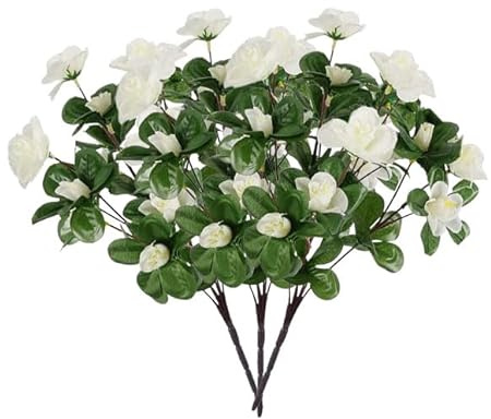 LGEGE Artificial Azalea 3 Bundles | White Silk Fabric Flowers for Outdoor Decor, Real Look, Perfect for Porch, Patio, Balcony Plants
