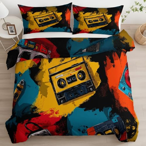 Full Duvet Cover Set Printed 3 Pieces Cartoon Cassette Tape Graffiti Comforter Cover, with Zipper Closure and 2 Pillowcases - Premium Soft Aesthetic Microfiber Multicolor Bedding Sets