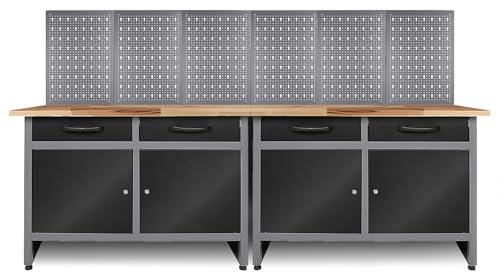 Ondis24 Werkstatt Set Werner 240 cm – 2 Werkbänke mit 28 mm Buchenholzplatte, 6 Lochwände, Schubladen & Schrankfächer, höhenverstellbar, robuste Werkstatteinrichtung für Garage & Hobbyraum