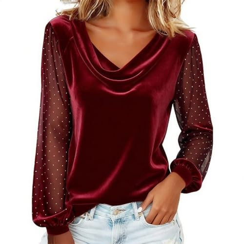 Blusas de Mujer Elegantes Fiesta Terciopelo Blusa Elegante Color Sólido Top Manga Larga Malla Básico Camisa Talla Grande Oficina Camiseta Cuello en V Chic Tops Suelto Casual Boda