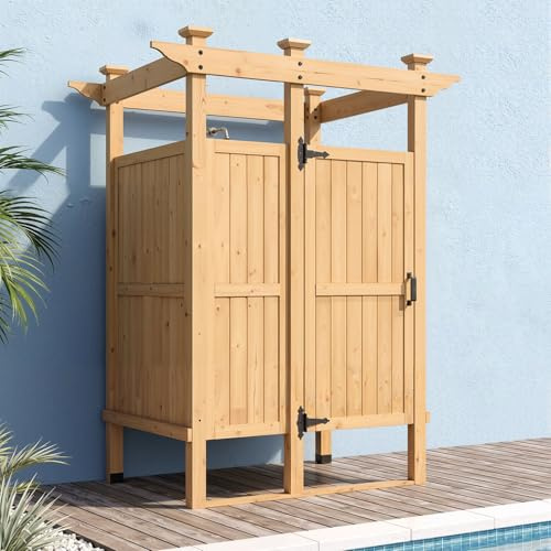 PIAOMTIEE Outdoor Shower Enclosure with Lockable Door, Privacy Free Standing Outside Shower Stall with Corner Storage Shelves & 4 Hooks, Cedar Wood Outdoor Bathroom for Pool & Beach, Natural