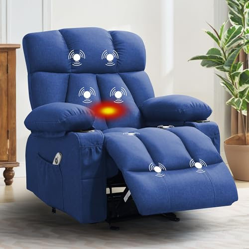 Bosmiller Elektrisch Relaxsessel mit Liegefunktion, Fernsehsessel mit Wärmefunktion, 2 Seitentaschen Getränkehalter, Aus Stoff TV-Sessel mit 360°-Drehung für Wohnzimmer, Blau
