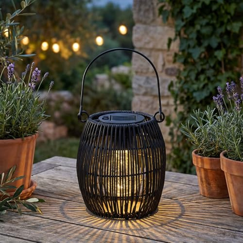 levandeo Solar Dekoleuchte Rund Schwarz Tischleuchte Akku Garten Beleuchtung Flechtoptik Lampe Leuchte Dekolampe Solarbetrieben Tischdeko