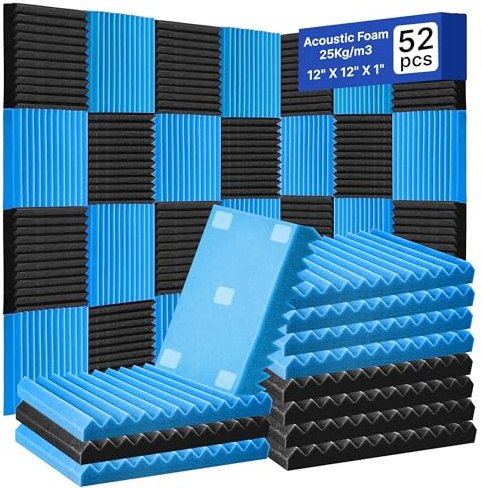 TDHLYJHF 52 Pack Acoustic Foam Panels 1 x 12 x 12Acoustic Wedge Studio Foam Sound Absorption Wall Panels (Black/Blue)