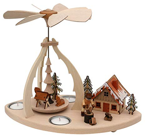 Dekohelden24 Wooden Tea Light Pyramid with Scene for 3 Tealights Motif: Wood Chopper with Chopping Stick, Deer and House, Approx. 32 x 19.5 x 25 cm