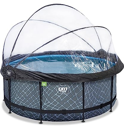 EXIT Toys Stone Pool mit Abdeckung - ø360x122cm - Großer, Runder Rahmenpool mit Sandfilterpumpe, Wärmepumpe und Poolleiter - Extra tiefer Pool - Für Sauberes und Warmes Poolwasser - Grau
