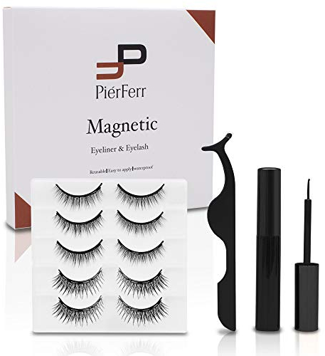 PierFerr | Magnetische Wimpern- mit 2 Eyeliner, fake lashes 5 Paare Magnet Wimpern - Wimpern magnetisch, natürlich- Magnetic lashes künstliche eyelashes wasserfeste und wiederverwendbare für Alltag