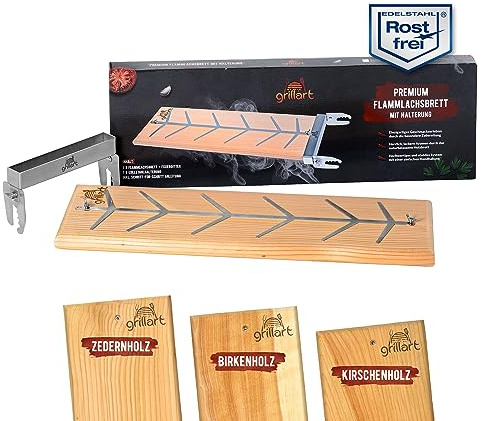 grillart® Premium laxrökbräda med hållare (björkträ) av rostfritt stål för utsökt rökt lax – även perfekt för flamma – perfekt för eldskål samt grill och lägereld