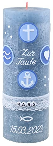 Cerziies® Taufkerze Rustik HANS Junge oder Mädchen mit Name und Datum, individuell und handverziert 1765