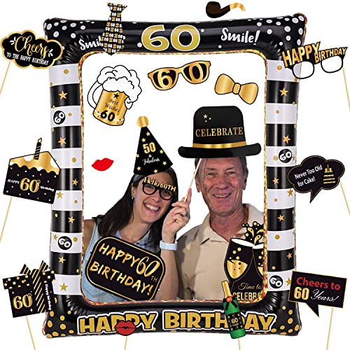 60 Geburtstag deko Fotobox Requisiten, 1 Stück Aufblasbarer Bilderrahmen & 31 Stück fotobox Accessoires
