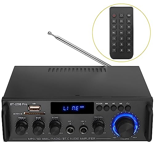 PROZOR Audio Power Stereo Verstärker Bluetooth 5.0 Verstärker HiFi Stereo Amplifier mit 2 Kanal, Bass Treble Tuner, Fernbedienung Digital Endstufe Mini Audio Verstärker für PC Heimkino 50Wx2 12V