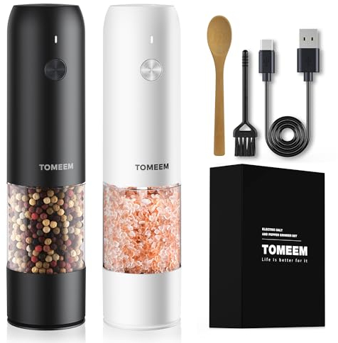 Salz und Pfeffermühle elektrische 2er Set, USB wiederaufladbare-Gewürzmühle elektrisch, einstellbare Grobheit, LED-Licht, Einhandbedienung für Küche BBQ