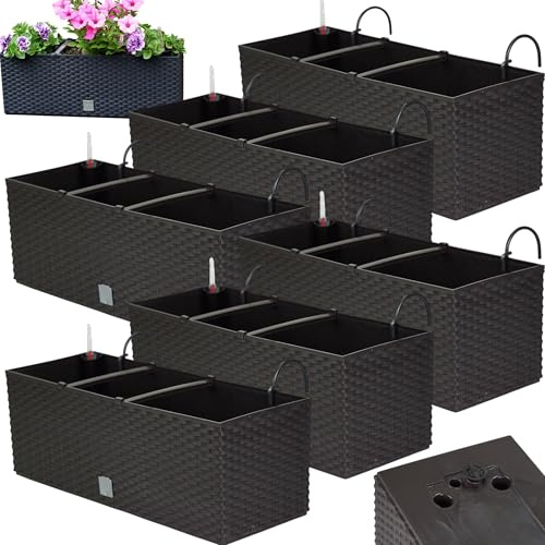 Blumenkasten Balkon Set 6 X 51x19x18,5 cm | Balkonkasten in Rattanoptik | Pflanzkasten mit Griff, Halterungen und Bewässerungssystem | Blumentöpfe für Terrasse | Pflanzkübel in edlem Design | Umbra