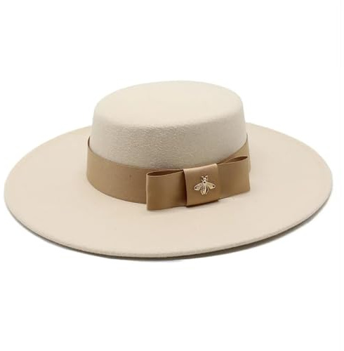 SOYNIA Fedora Trilby Cappello Feltro Cappello Fedora da Donna con Fiocco Bianco E Parte Superiore Piatta per Banchetti Elegante Cappello in Feltro Abito da Sposa 56-58 Cm Beige