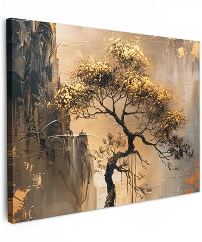 MuchoWow© Leinwand Deko Schlafzimmer Aesthetic Leinwandbilder Wohnzimmer | 80x60 cm - Gemälde Foto Geschenk Living Room Decoration Kunst - Baum - Gold - Modern
